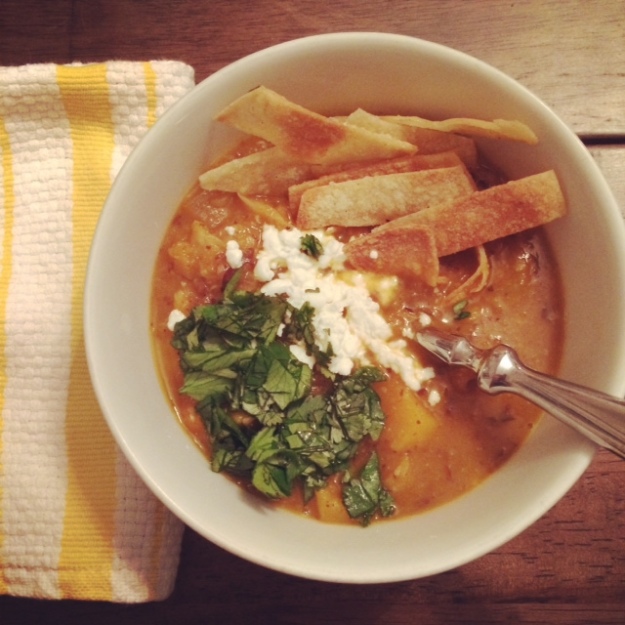 Vegetarian Tortilla Soup with Black Beans and Butternut Squash